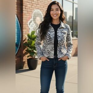 Saint Tropez West Zebra Black & White Print Jean Jacket Women’s XL 100% poly